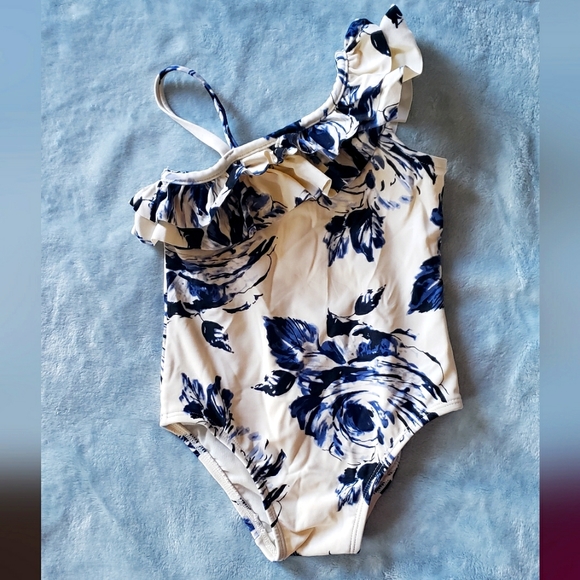 Baby Gap Toddler Girl's Floral blue cream Swimsuit one piece Size 2 - Picture 1 of 4
